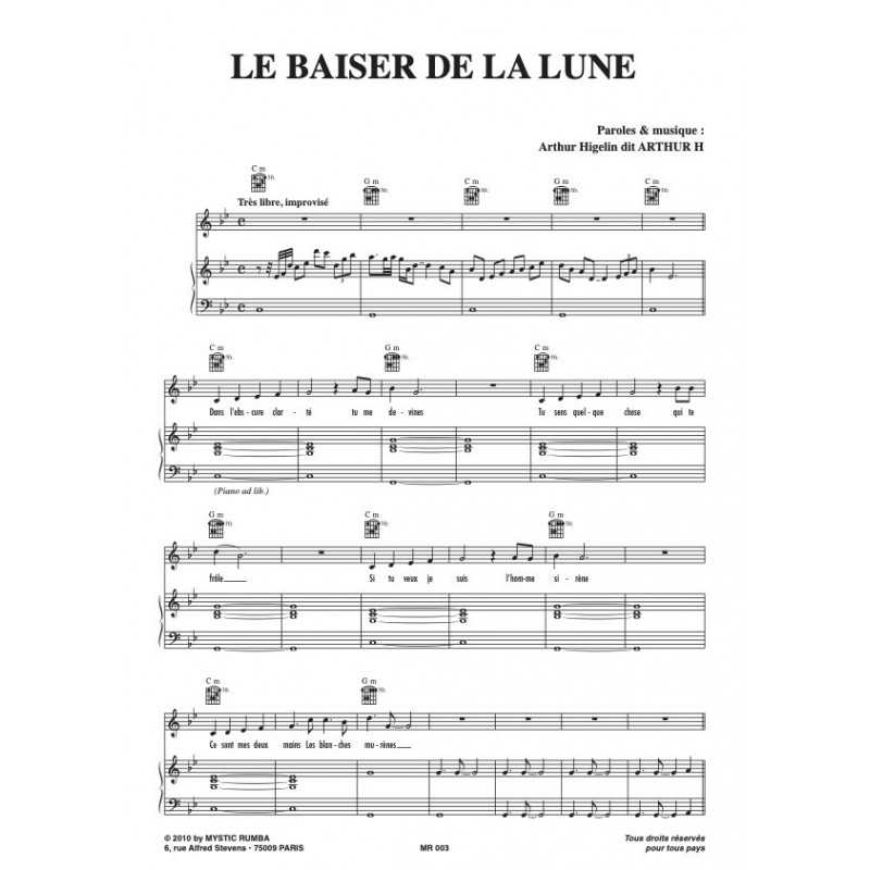 Partition LE BAISER DE LA LUNE Arthur H