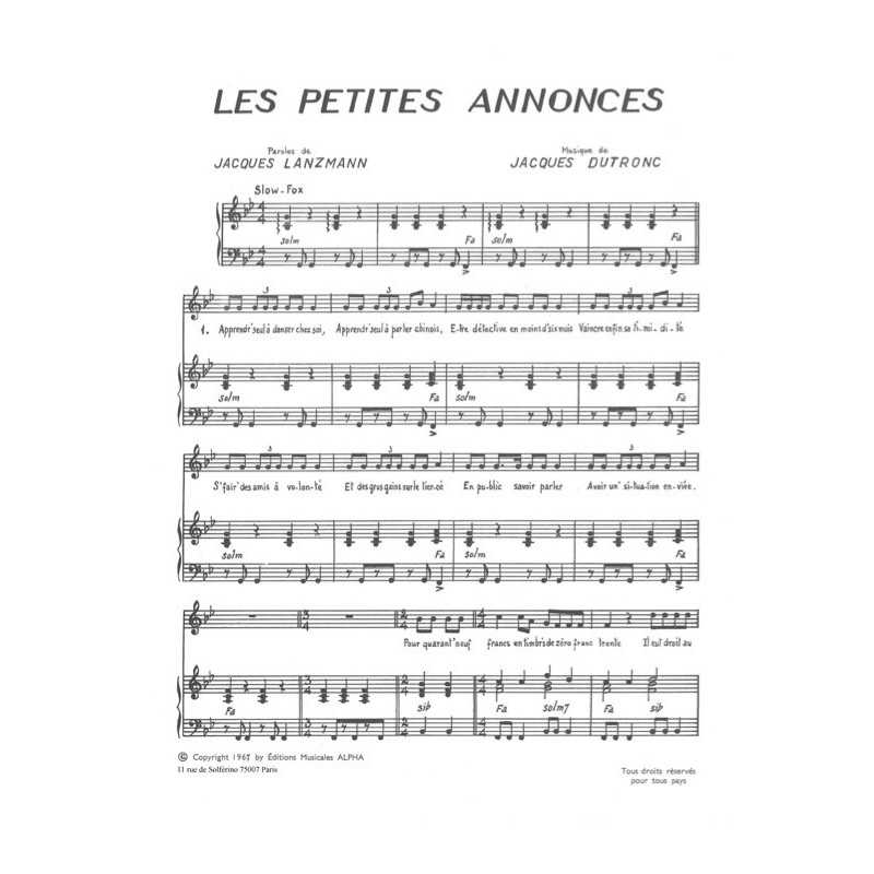 Partition LES PETITES ANNONCES Jacques DUTRONC