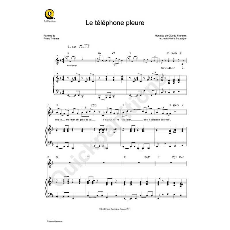 Sheet music LE TÉLÉPHONE PLEURE Claude François