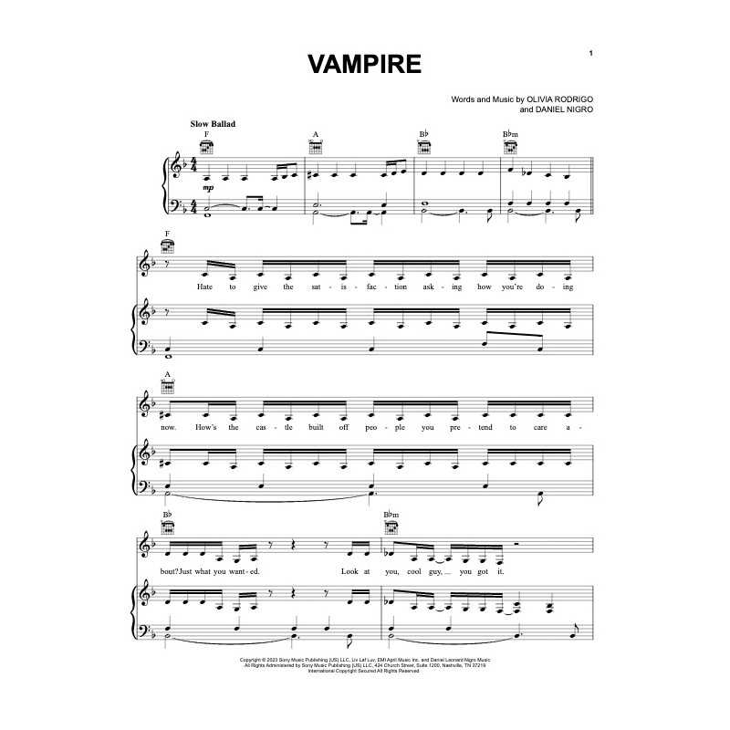Sheet music VAMPIRE Olivia Rodrigo