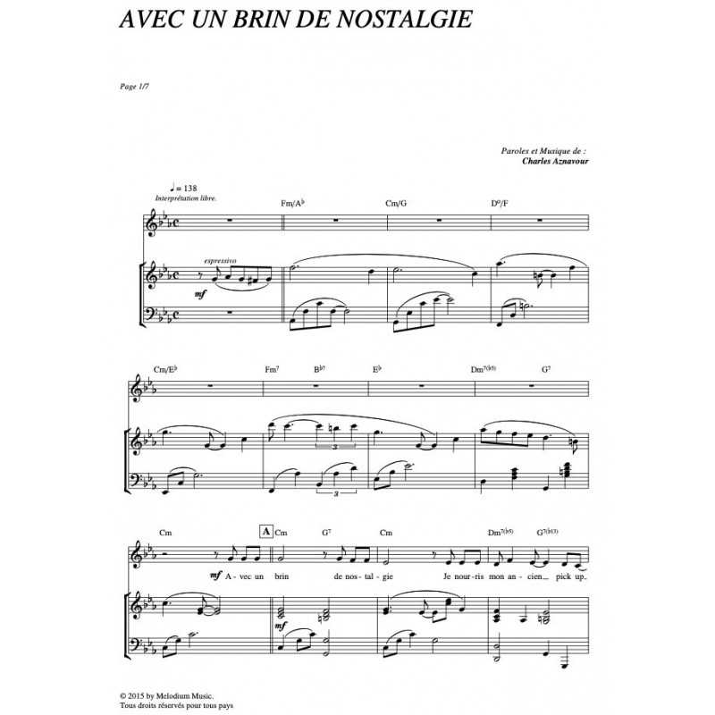 Partition AVEC UN BRIN DE NOSTALGIE Charles AZNAVOUR