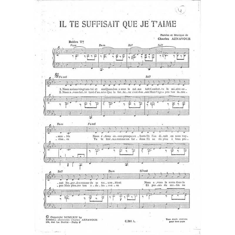 Partition IL TE SUFFISAIT QUE JE T'AIME Charles AZNAVOUR