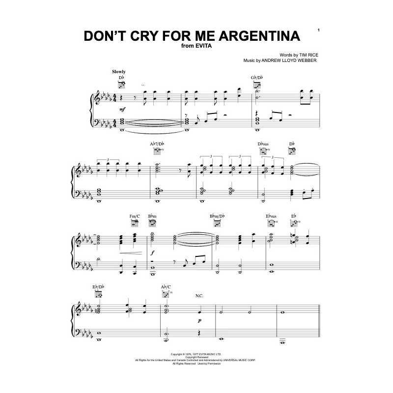 Sheet music DON'T CRY FOR ME ARGENTINA Andrew Lloyd Webber Madonna