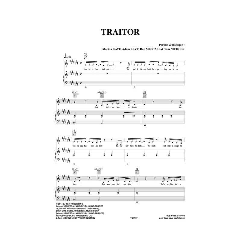 Sheet music TRAITOR Marina Kaye PDF