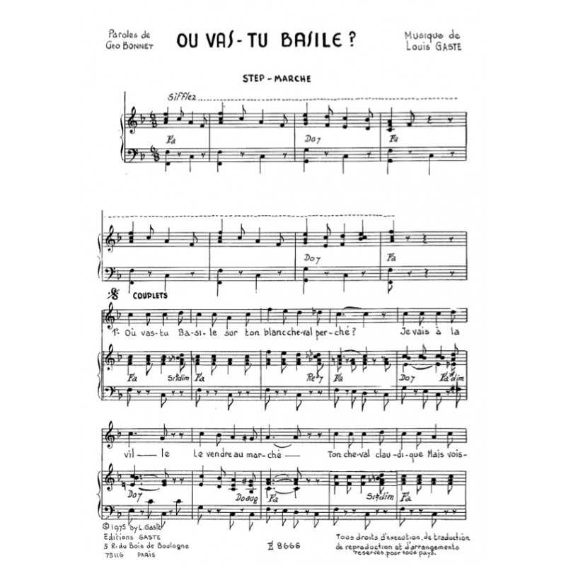 Partition OÙ VAS-TU BASILE ? Line RENAUD