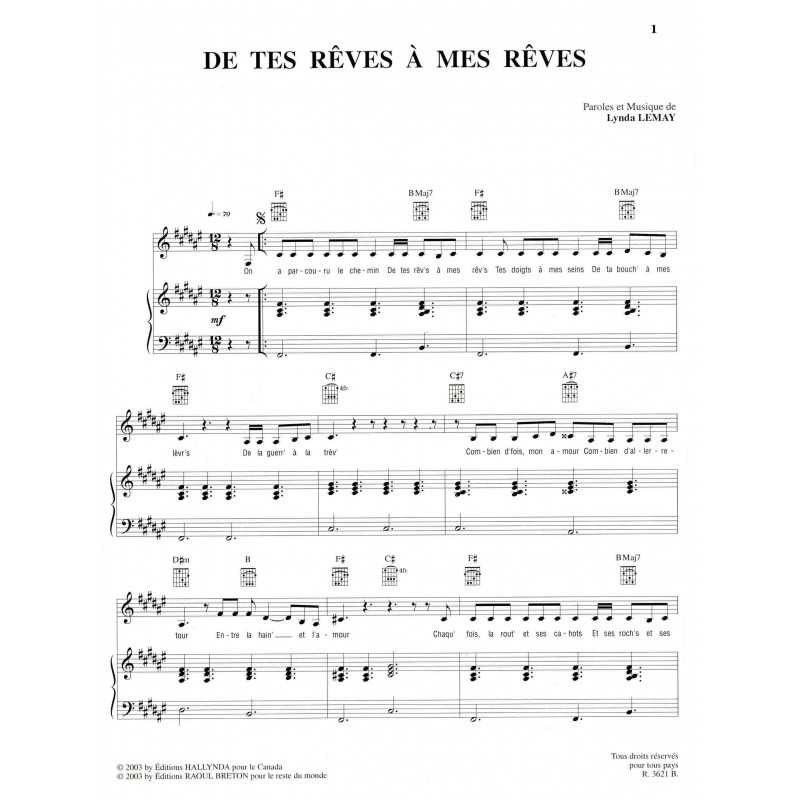 Sheet music DE TES RÊVES À MES RÊVES Lynda LEMAY