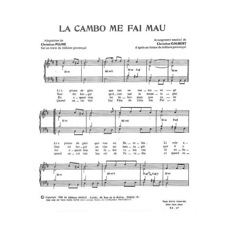 Partition LA CAMBO ME FAI MAU Mireille MATHIEU