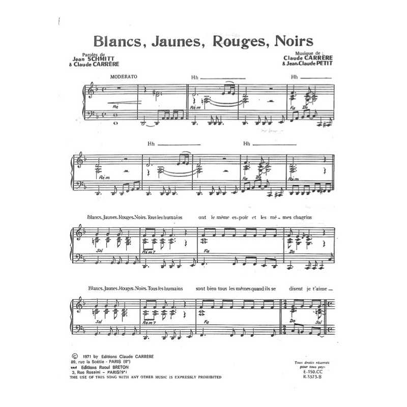 Sheet music BLANCS JAUNES ROUGES NOIRS SHEILA