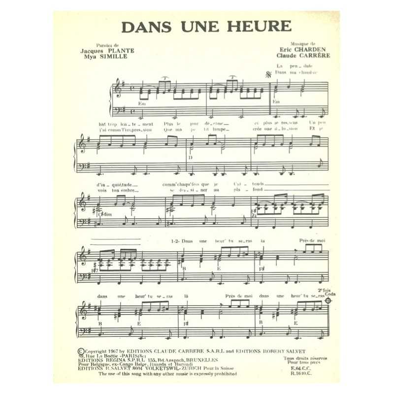 Sheet music DANS UNE HEURE SHEILA