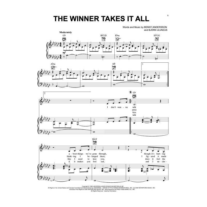 Sheet music THE WINNER TAKES IT ALL ABBA