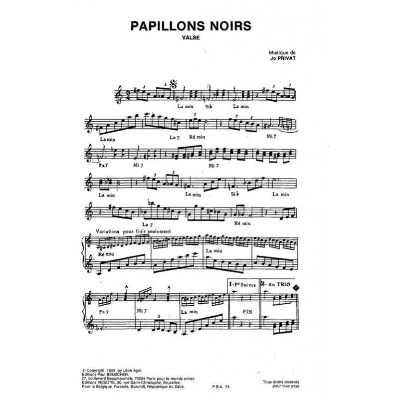 Partition PDF PAPILLONS NOIRS Jo PRIVAT