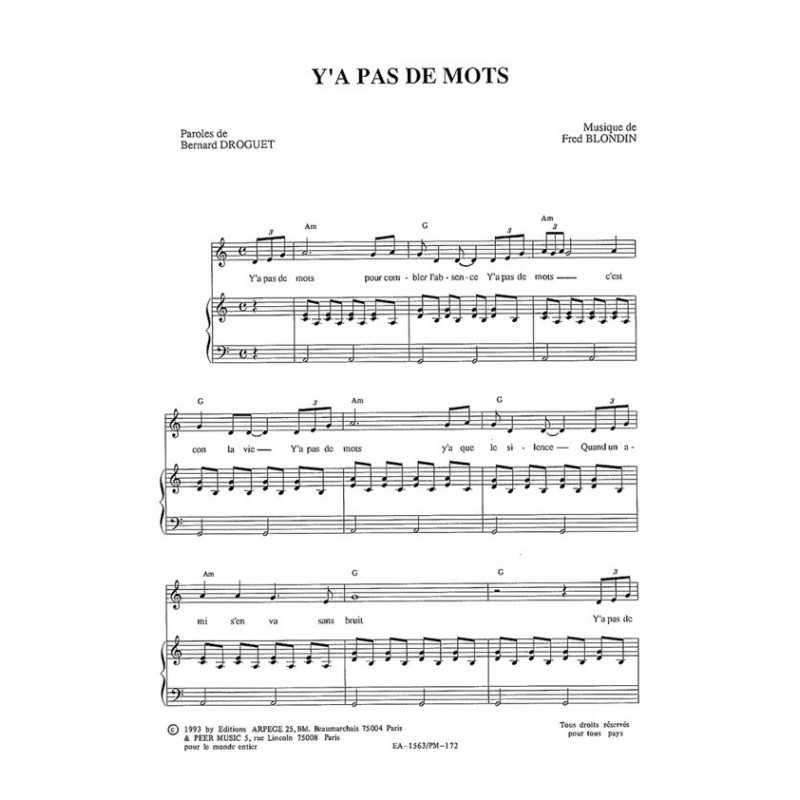 Partition PDF Y'A PAS DE MOTS