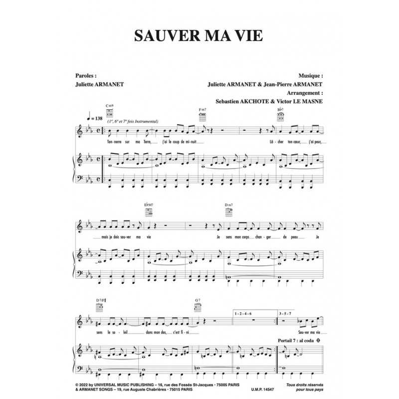 Partition PDF SAUVER MA VIE Juliette ARMANET