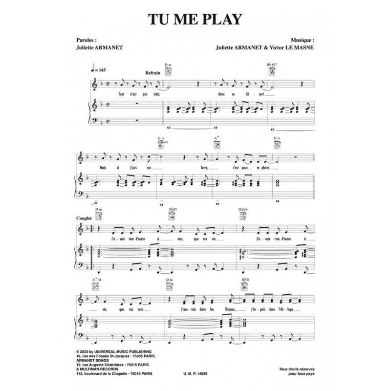 Partition PDF TU ME PLAY Juliette ARMANET