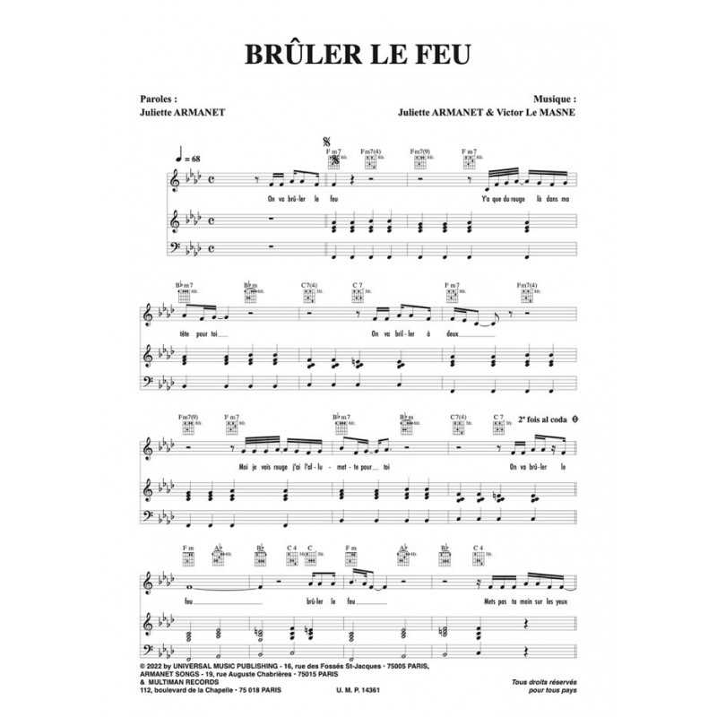 Partition PDF BRÛLER LE FEU Juliette ARMANET