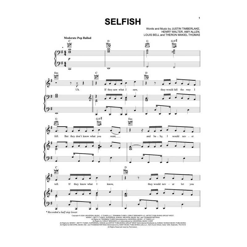 Sheet music SELFISH Justin Timberlake