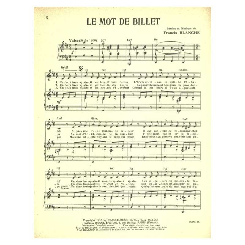 Partition LE MOT DE BILLET Francis BLANCHE