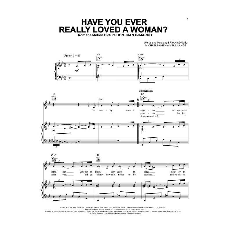 Sheet music HAVE YOU EVER REALLY LOVED A WOMAN Bryan ADAMS