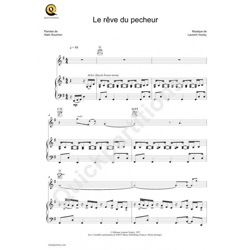 Sheet music LE RÊVE DU PECHEUR Laurent VOULZY