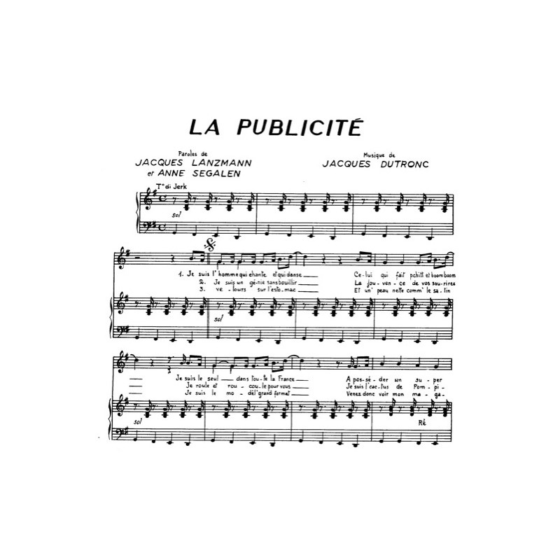 Sheet music LA PUBLICITÉ Jacques Dutronc