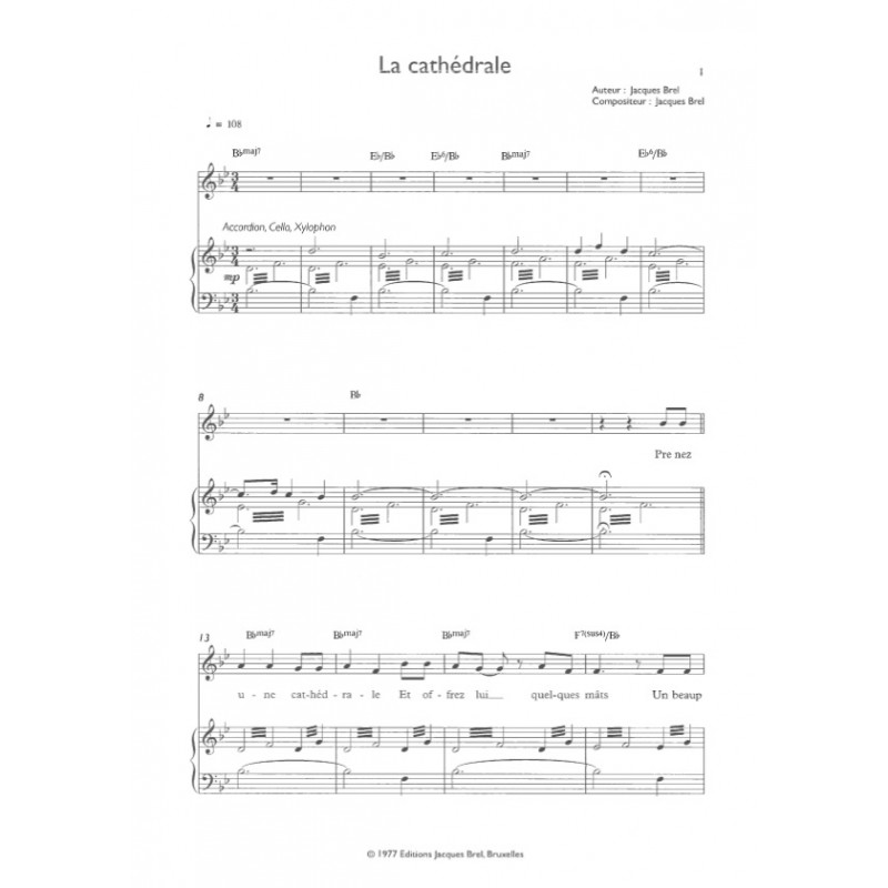 Partition LA CATHÉDRALE Jacques BREL pdf