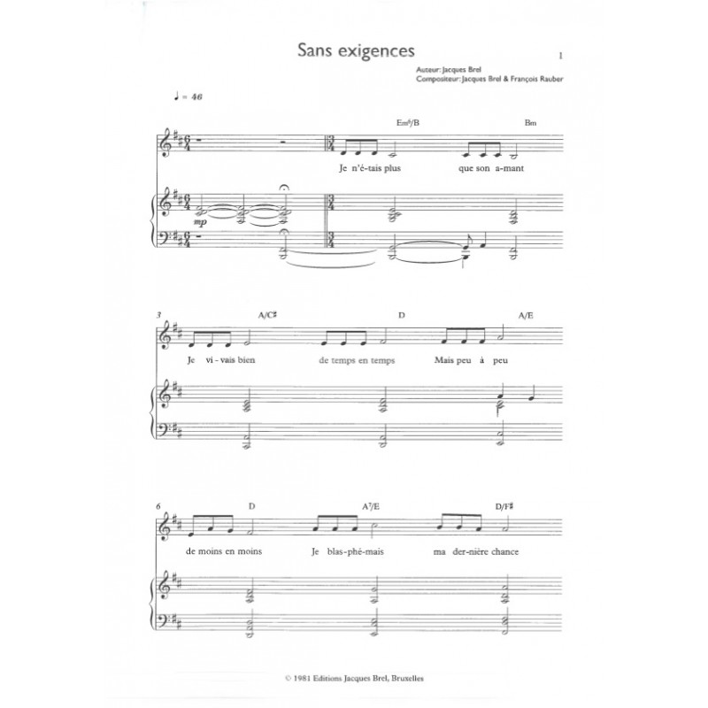 Partition SANS EXIGENCES Jacques BREL pdf