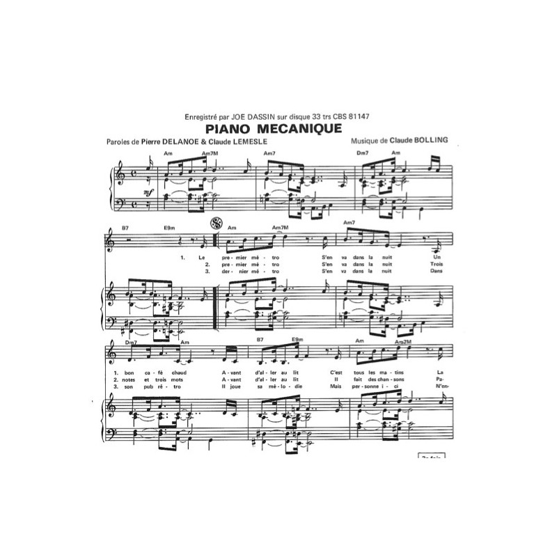 Sheet music PIANO MECANIQUE Joe DASSIN