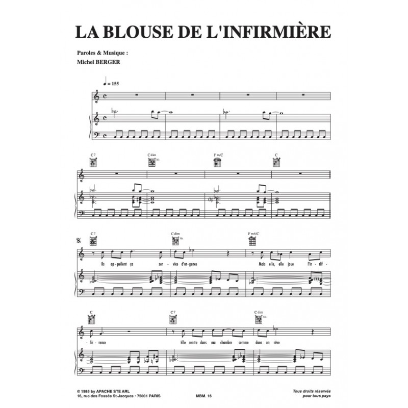 Sheet music LA BLOUSE DE L'INFIRMIÈRE Johnny Hallyday pdf