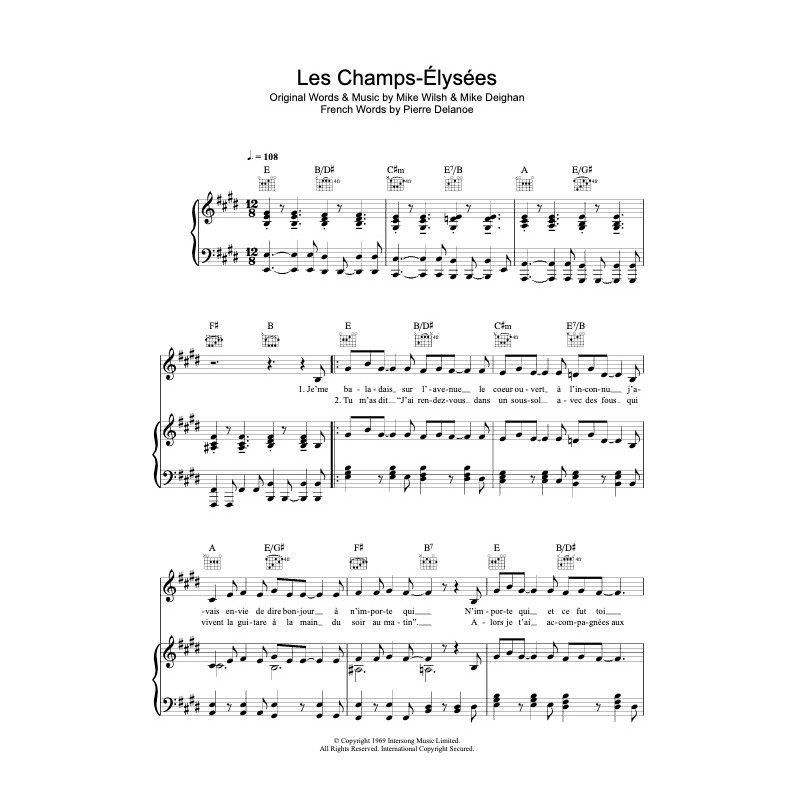 Partition LES CHAMPS ÉLYSÉES Joe Dassin