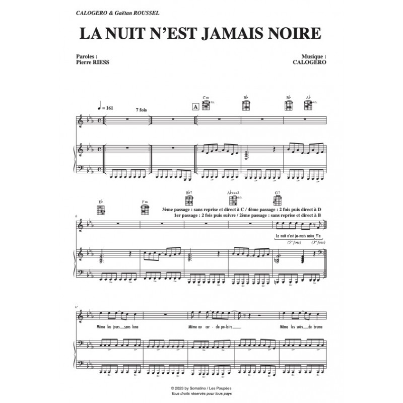 Partition LA NUIT N'EST JAMAIS NOIRE CALOGERO pdf