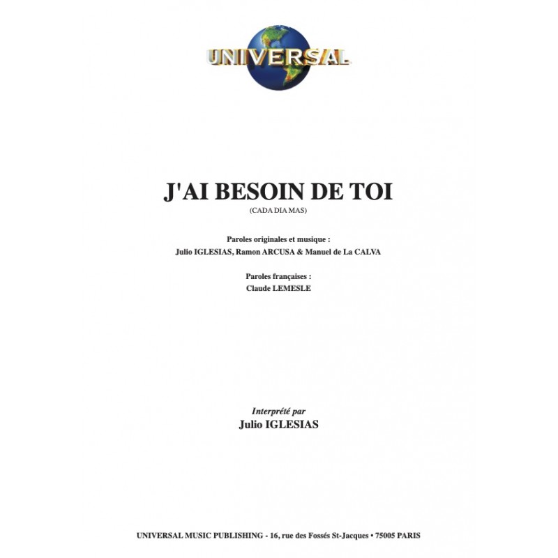 Partition J'AI BESOIN DE TOI Julio Iglesias pdf