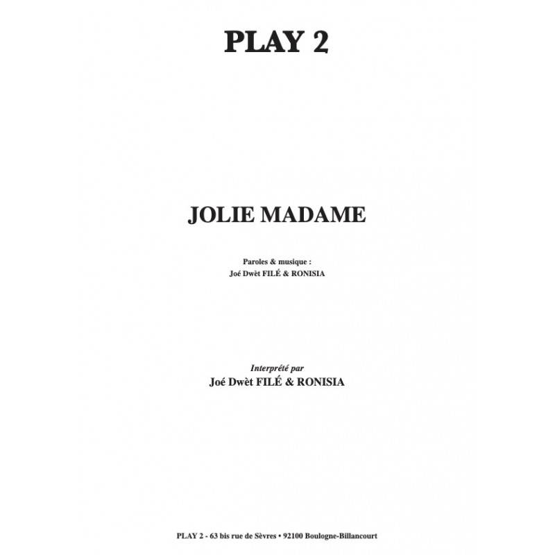 Partition JOLIE MADAME Joé Dwèt FILÉ RONISIA pdf