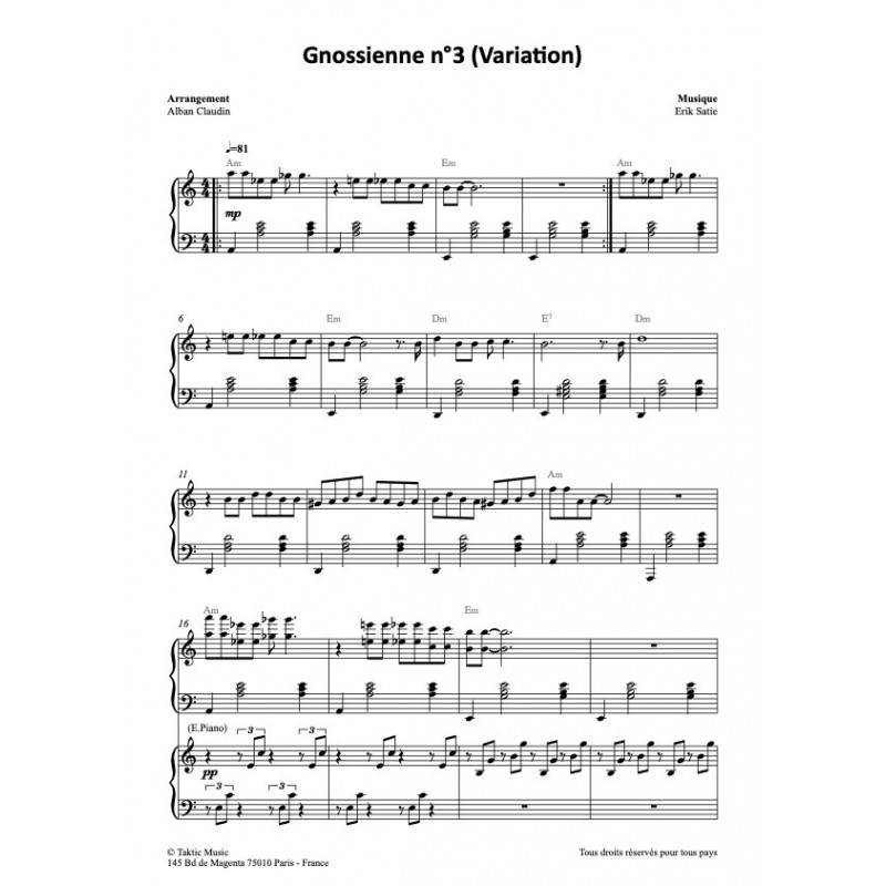 Partition PDF GNOSSIENNE N°3 (VARIATION) Alban CLAUDIN