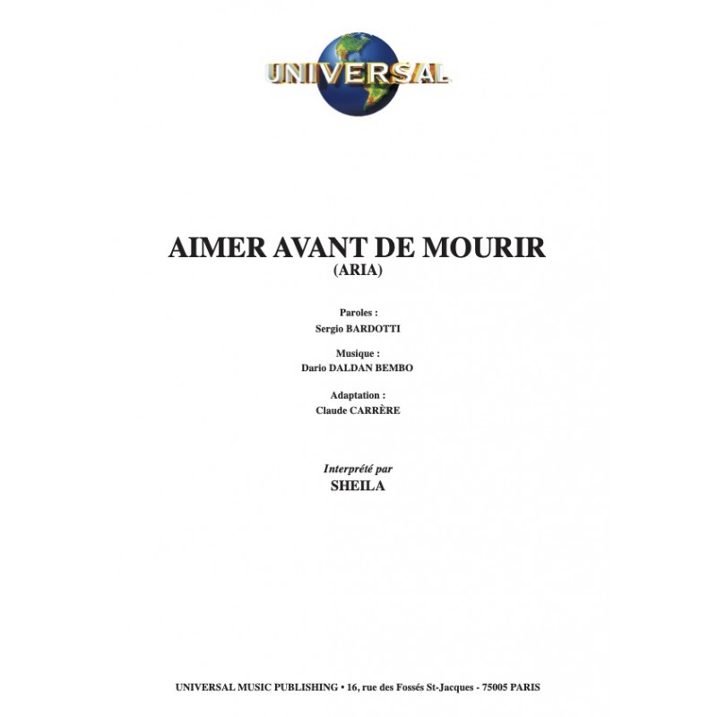 Sheet music AIMER AVANT DE MOURIR (ARIA) Sheila PDF