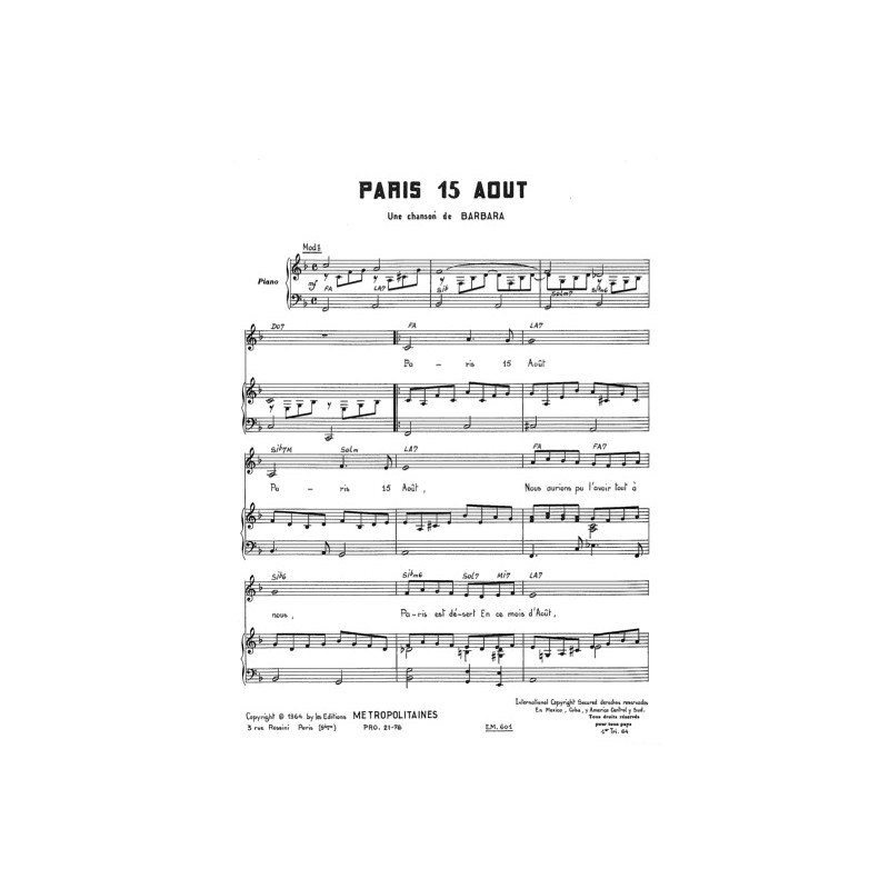 Sheet music PARIS 15 AOUT BARBARA pdf