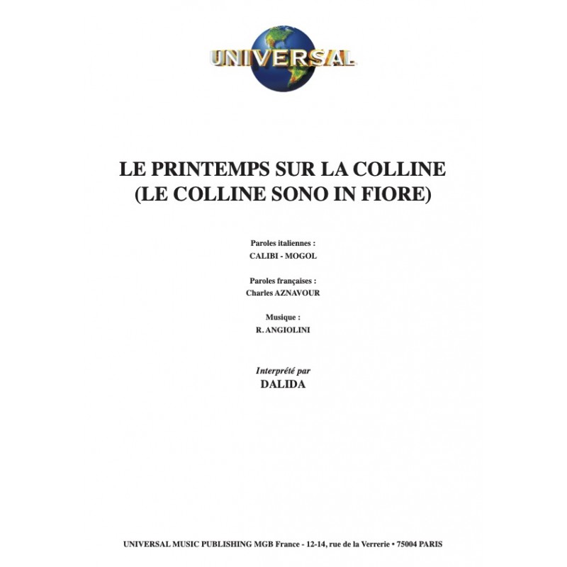 Partition LE PRINTEMPS SUR LA COLLINE (LE COLLINE SONO IN FIORE) DALIDA PDF