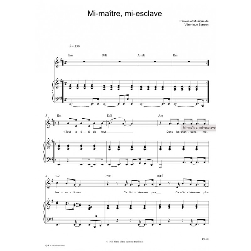 Sheet music MI-MAITRE MI-ESCLAVE Véronique Sanson