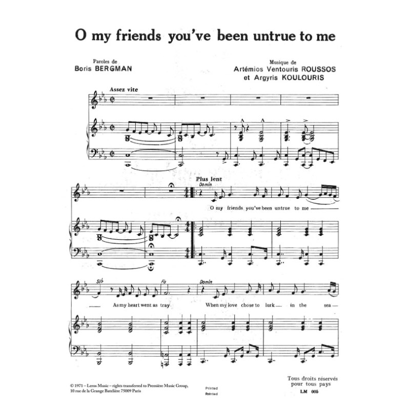 Sheet music O MY FRIENDS YOU'VE BEEN UNTRUE TO ME Demis Roussos