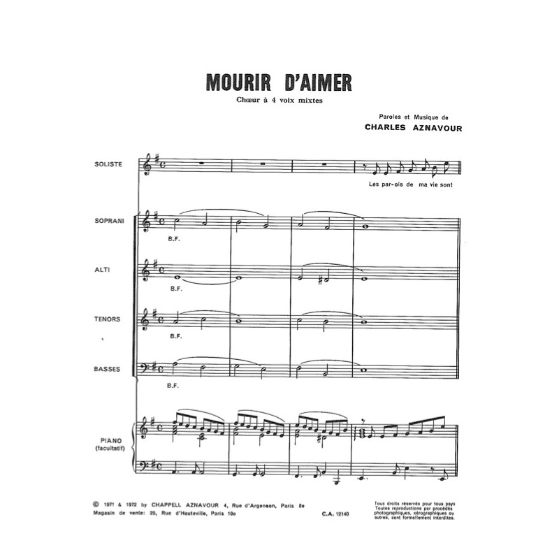 Partition MOURIR D'AIMER (SATB) Charles AZNAVOUR