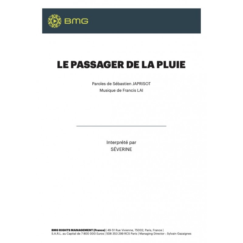 Partition LE PASSAGER DE LA PLUIE (BOF) Séverine pdf