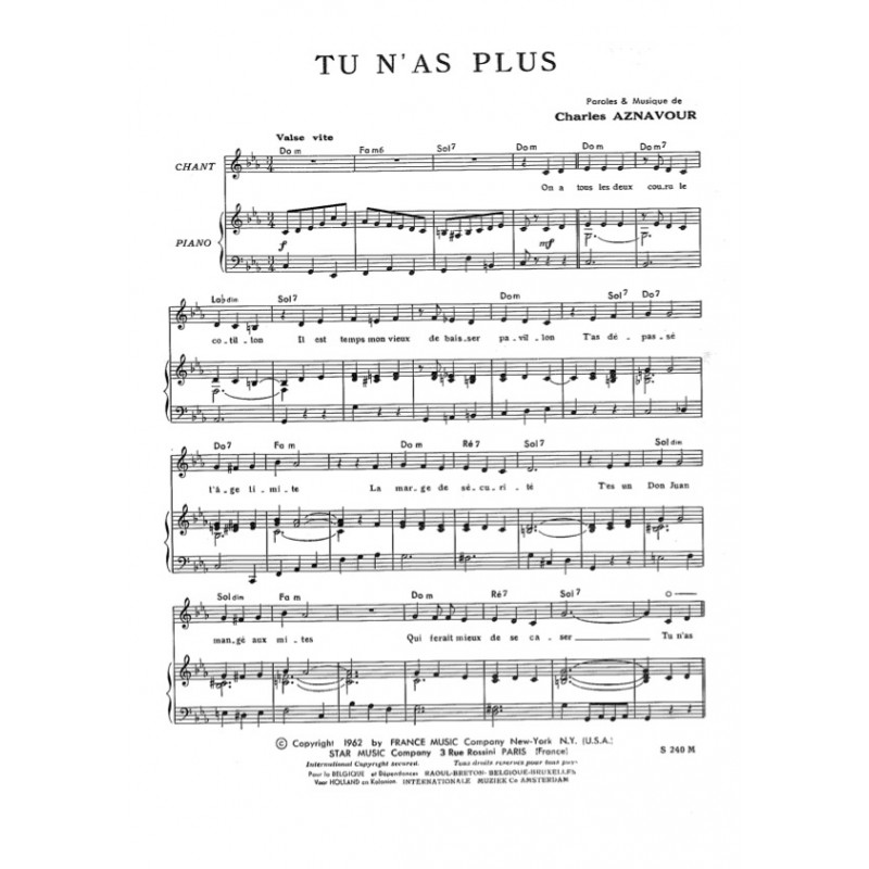 Partition TU N'AS PLUS Charles AZNAVOUR pdf
