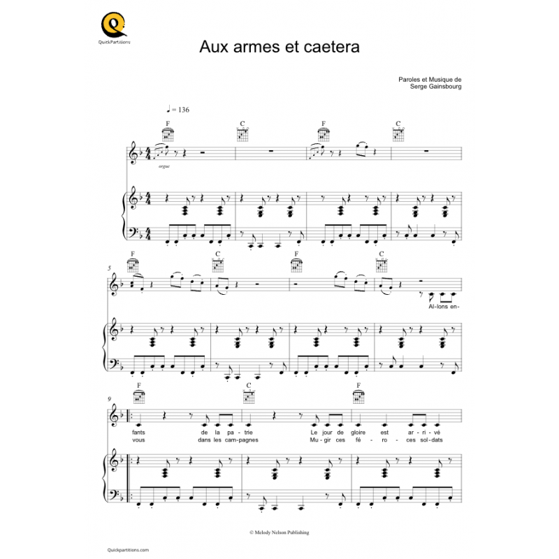 Partition Aux armes et caetera Serge Gainsbourg