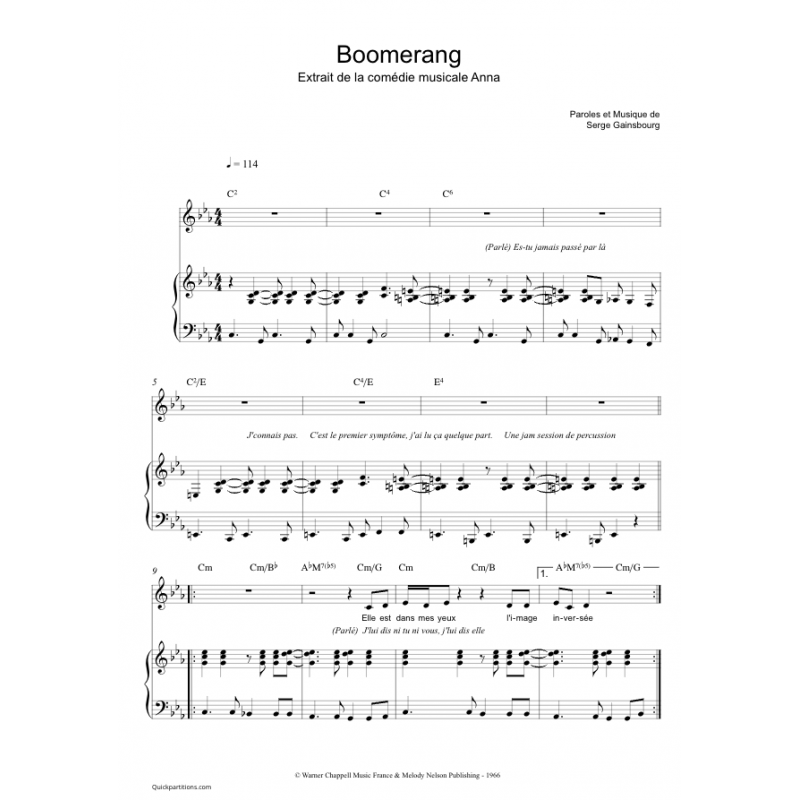 Sheet music BOOMERANG Serge Gainsbourg