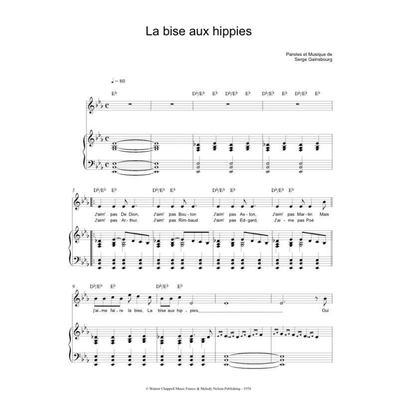 Sheet music LA BISE AUX HIPPIES Serge Gainsbourg