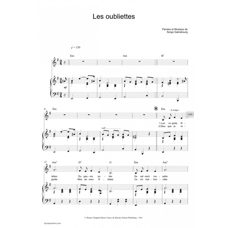 Sheet music LES OUBLIETTES Serge Gainsbourg