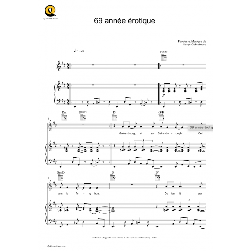 Partition Soixante neuf année érotique (69 année érotique) Serge Gainsbourg Jane Birkin