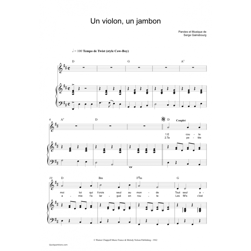 Sheet music UN VIOLON UN JAMBON Serge Gainsbourg