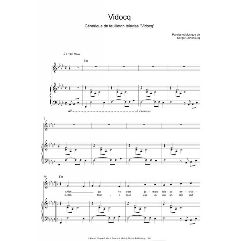 Sheet music VIDOCQ Serge Gainsbourg