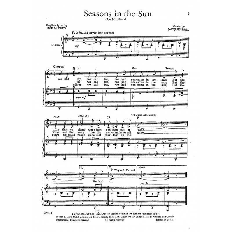 Sheet music SEASONS IN THE SUN (LE MORIBOND) Terry Jacks pdf