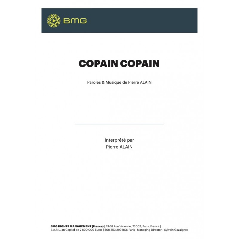 Sheet music COPAIN COPAIN Pierre ALAIN